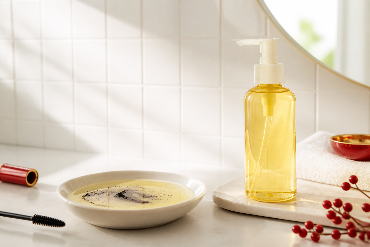 Generic Japanese cleansing oil pump beside dissolving waterproof makeup on a vanity