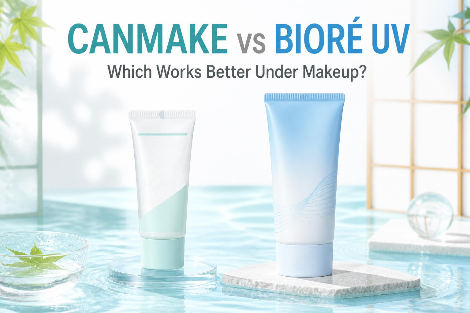 CANMAKE Mermaid Skin Gel UV and Bioré UV sunscreen comparison under makeup