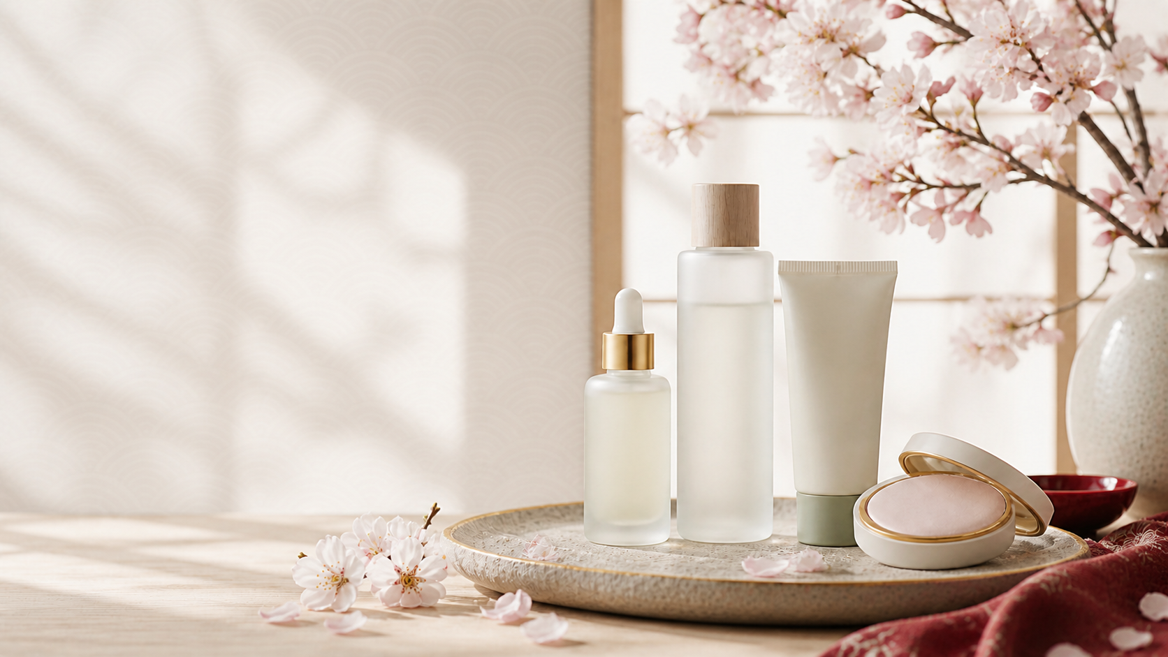 Japanese beauty skincare products with cherry blossoms, crimson lacquer and gold accents beside a shoji-style window